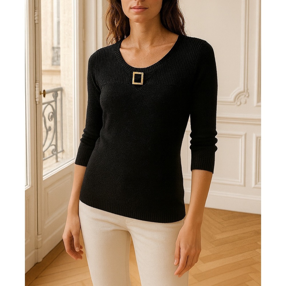 Lauren Ralph Lauren 100% Cotton Black Knit Sweater P SMALL Buckle Quiet Luxury S